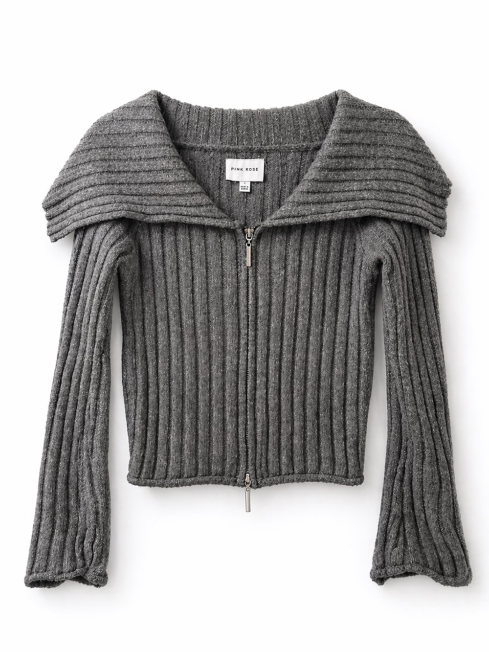 Pink Rose Ribbed Zip Up Off Shoulder Oversized Collar Gray Sweater